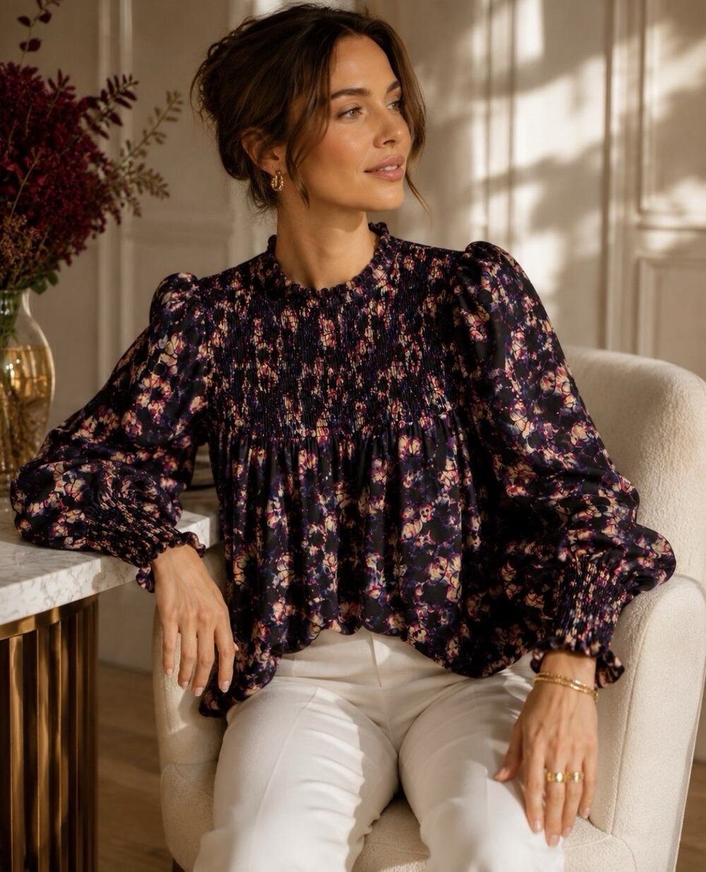 Marie Oliver 100% Silk Floral Smocked Yoke Peasant Blouse Sm Boho Luxury Top